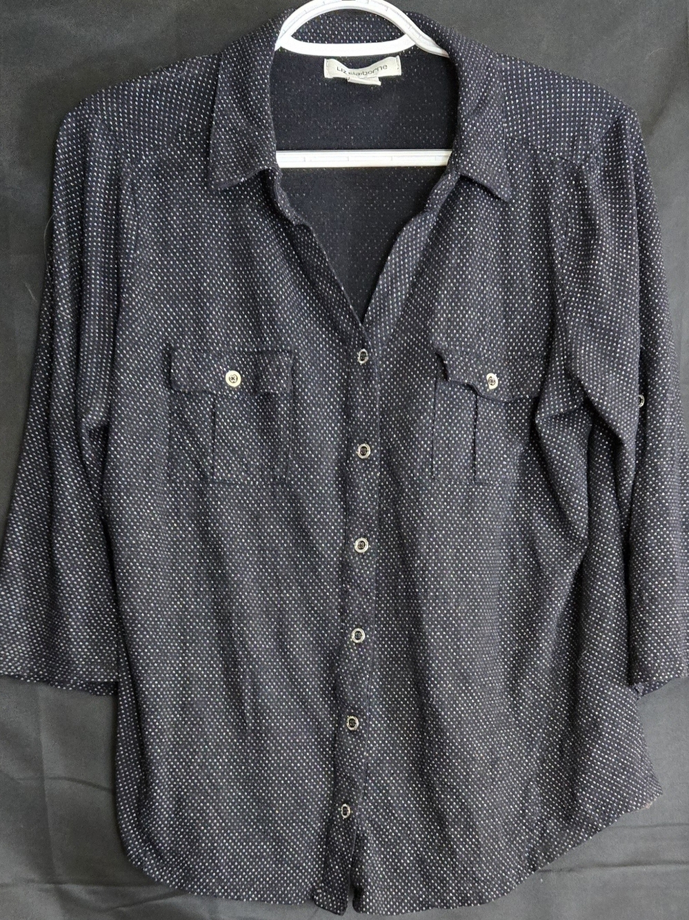 Liz Calborne Woman's Black Dot-Print Button Down Shirt #556